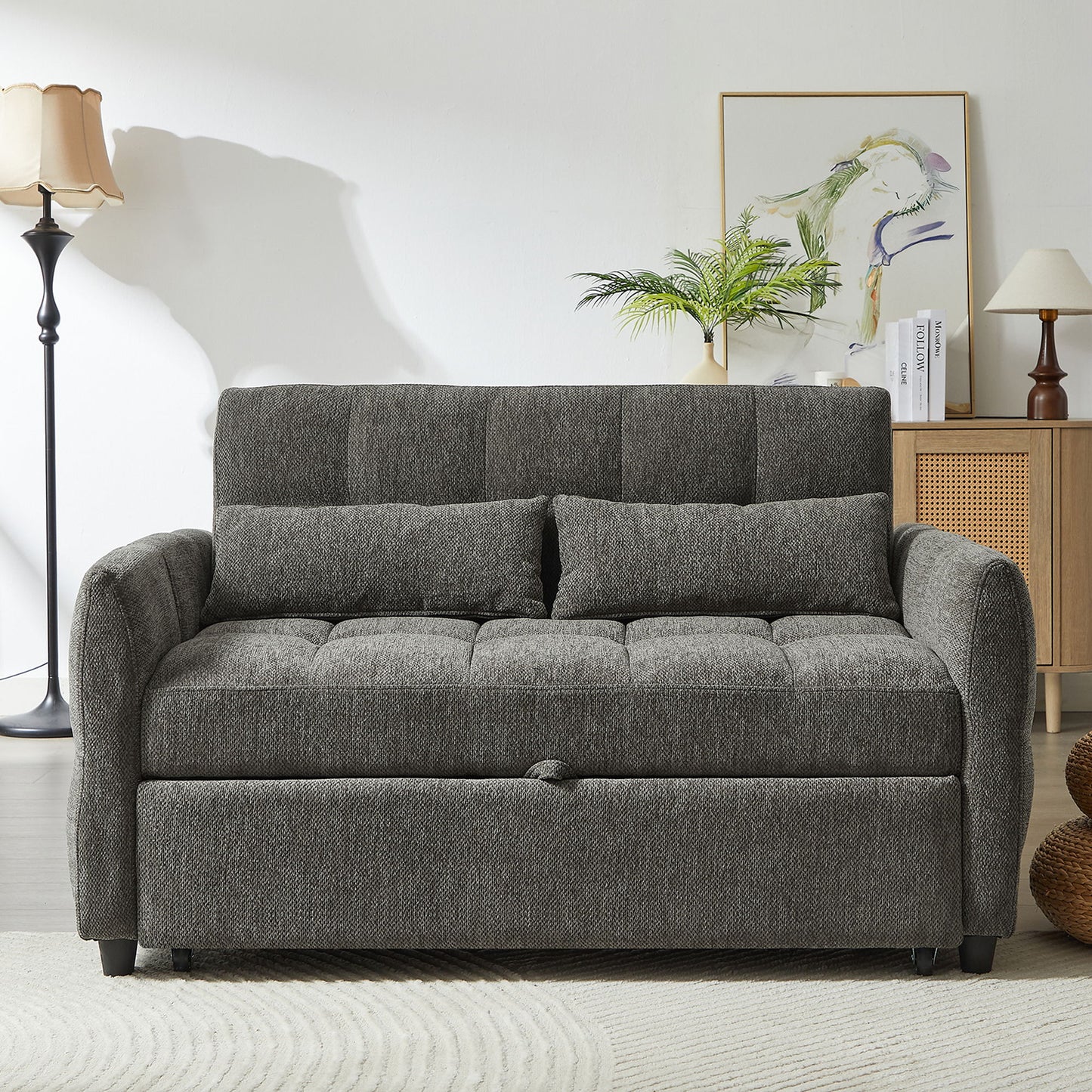 Loveseat Sofa Pull Out Sofa Bed Tufted Sleeper Sofa With An Adjustable Backrest, 3 USB Ports And 2 Lumbar Pillows For Living Room - Gray