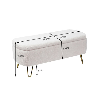 Storage Ottoman Bench For End Of Bed Gold Legs, Modern Ivory White Faux Fur Entryway Bench Upholstered Padded With Storage For Living Room Bedroom - Ivory