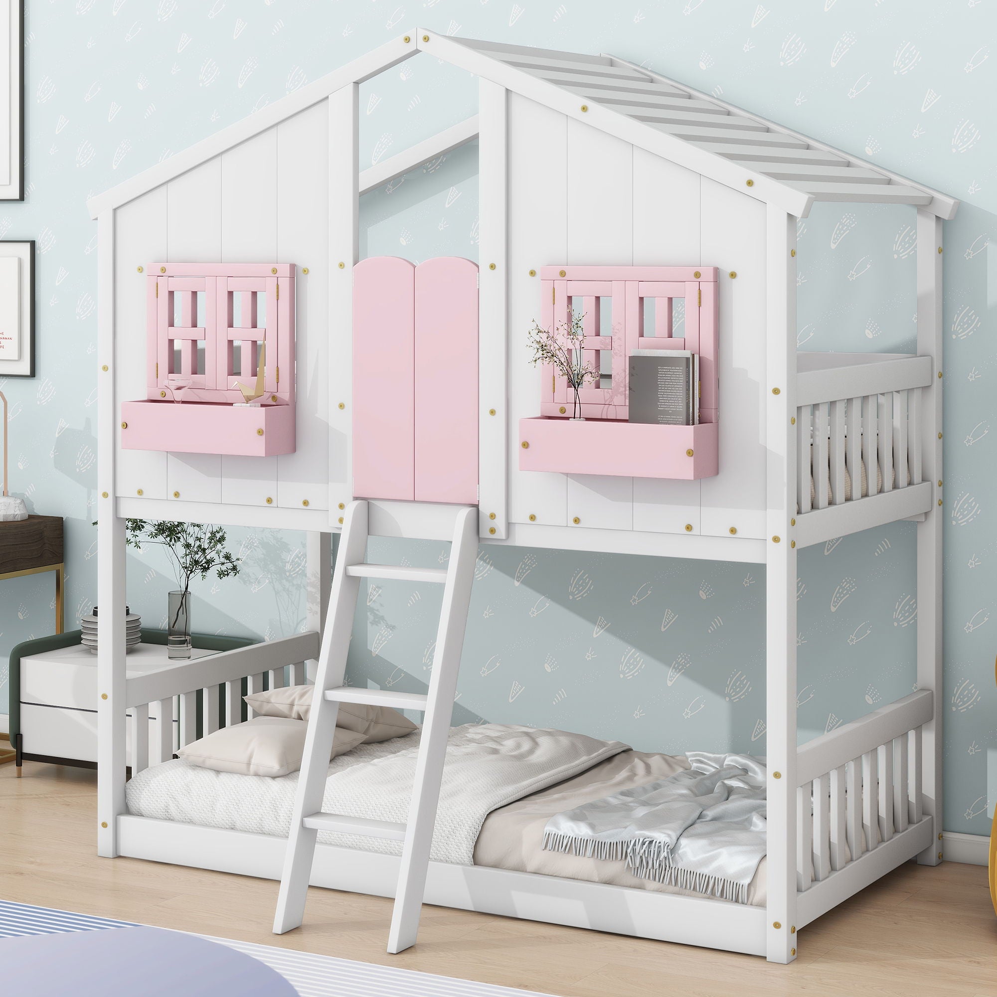 Twin Over Twin House Bunk Bed With Roof, Window, Window Box, Door, With Safety Guardrails And Ladder - Pink / White