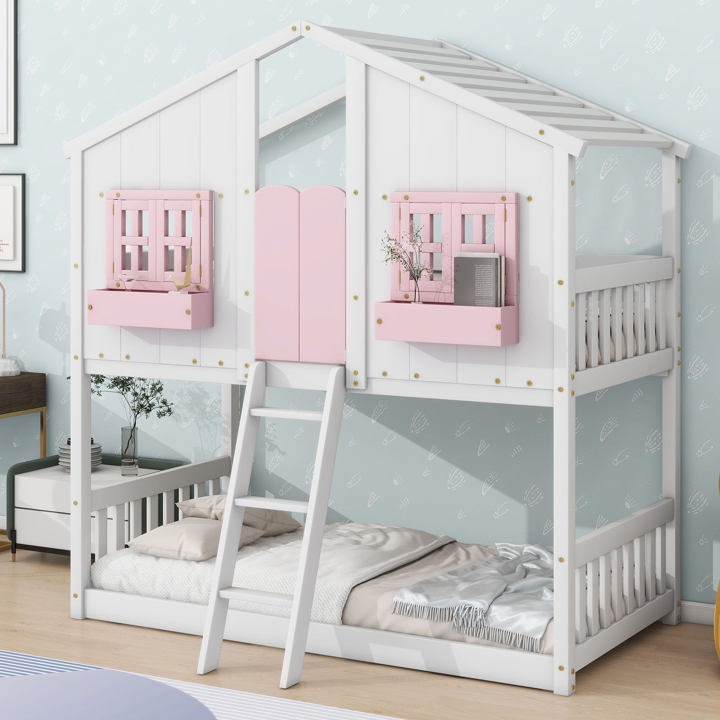 Twin Over Twin House Bunk Bed With Roof, Window, Window Box, Door, With Safety Guardrails And Ladder - Pink / White