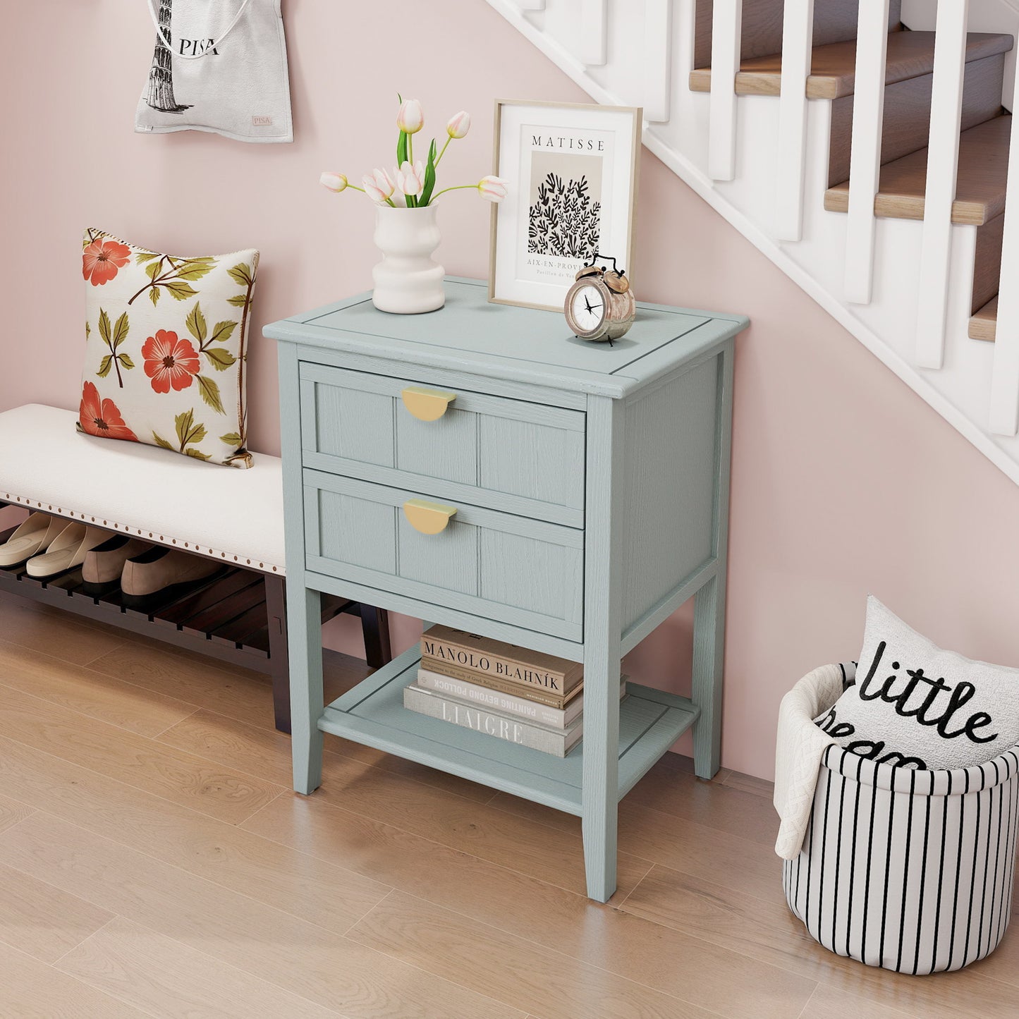2 Drawer Side Table, American Style, End Table, Suitable For Bedroom, Living Room, Study - Light Gray