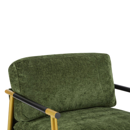 Modern Accent Chair With Plush Cushions, Minimalist Metal Frame, & Wooden Armrest Design - Gold / Green