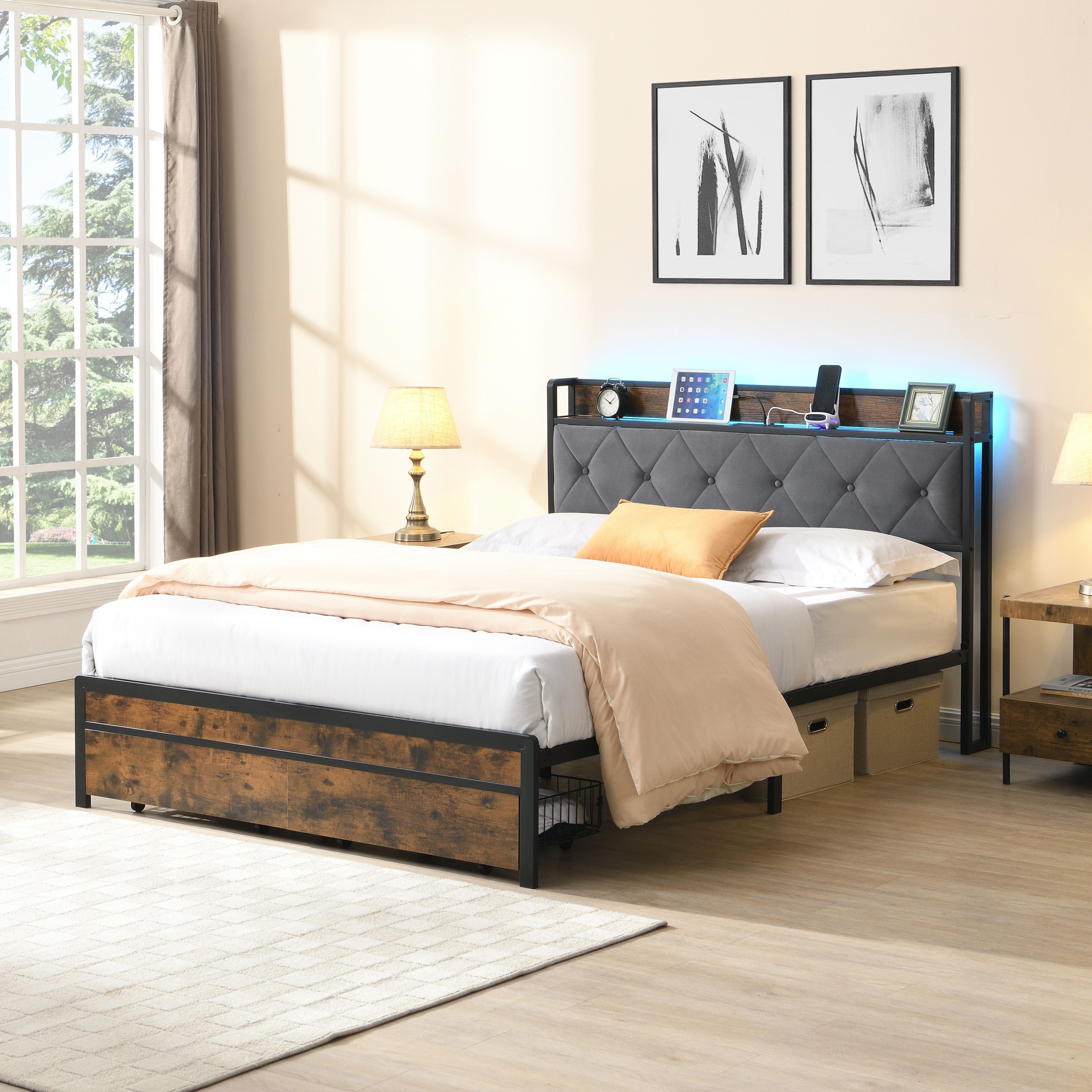 Modern Queen Bed Frame With LED Lights, Storage Drawers, USB & Charging StationUpholstered Headboard, & Iron - Gray