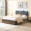 Modern Queen Bed Frame With LED Lights, Storage Drawers, USB & Charging StationUpholstered Headboard, & Iron - Gray
