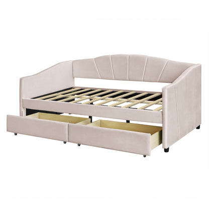 Twin Size Upholstered Daybed With Two Drawers And Slat - Beige