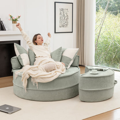 Modern Oversized Round Barrel Accent Chair With Ottoman Velvet Upholstered Lounge Armchair With 5 Pillows For Living Room Or Bedroom - Green