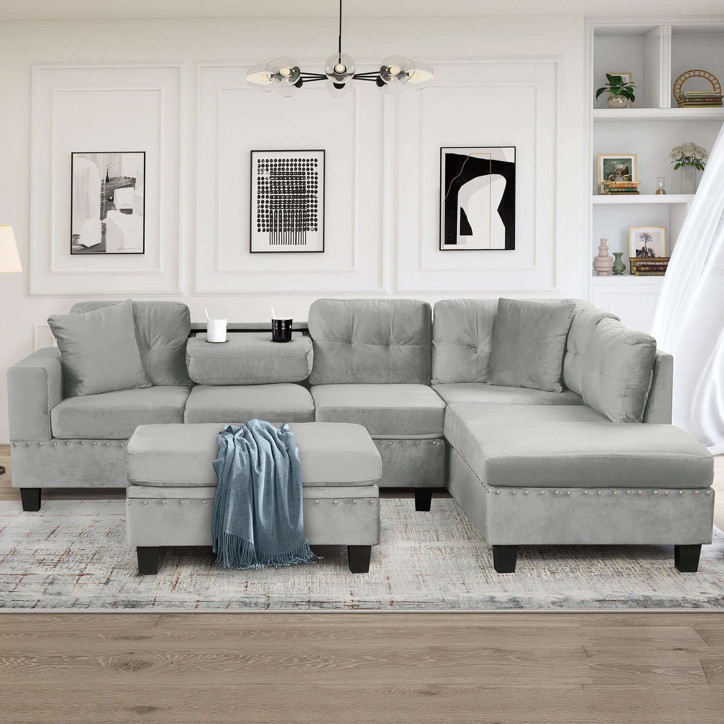 Modern Sectional Sofa With Storage Ottoman, L - Shape Couch With 2 Pillows And Cup Holders - Gray