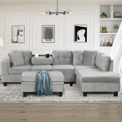 Modern Sectional Sofa With Storage Ottoman, L - Shape Couch With 2 Pillows And Cup Holders - Gray