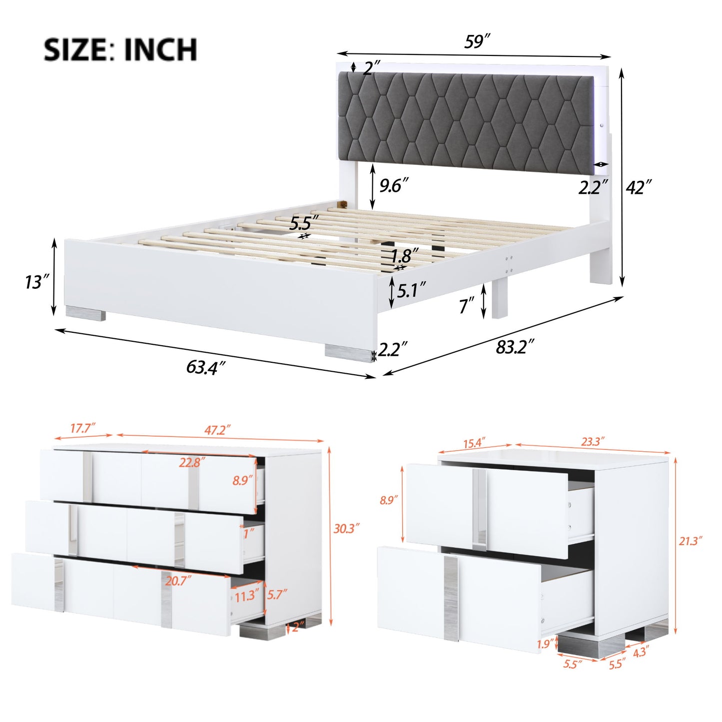 4 Piece Bedroom Sets Queen Size Upholstered Bed With LED Lights, Mirrored Nightstands And Dresser With Metal Handles And Legs - White
