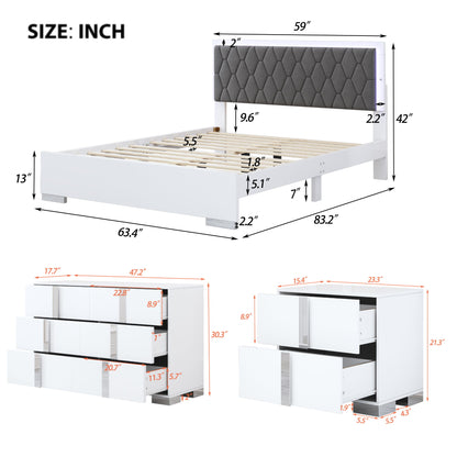 4 Piece Bedroom Sets Queen Size Upholstered Bed With LED Lights, Mirrored Nightstands And Dresser With Metal Handles And Legs - White
