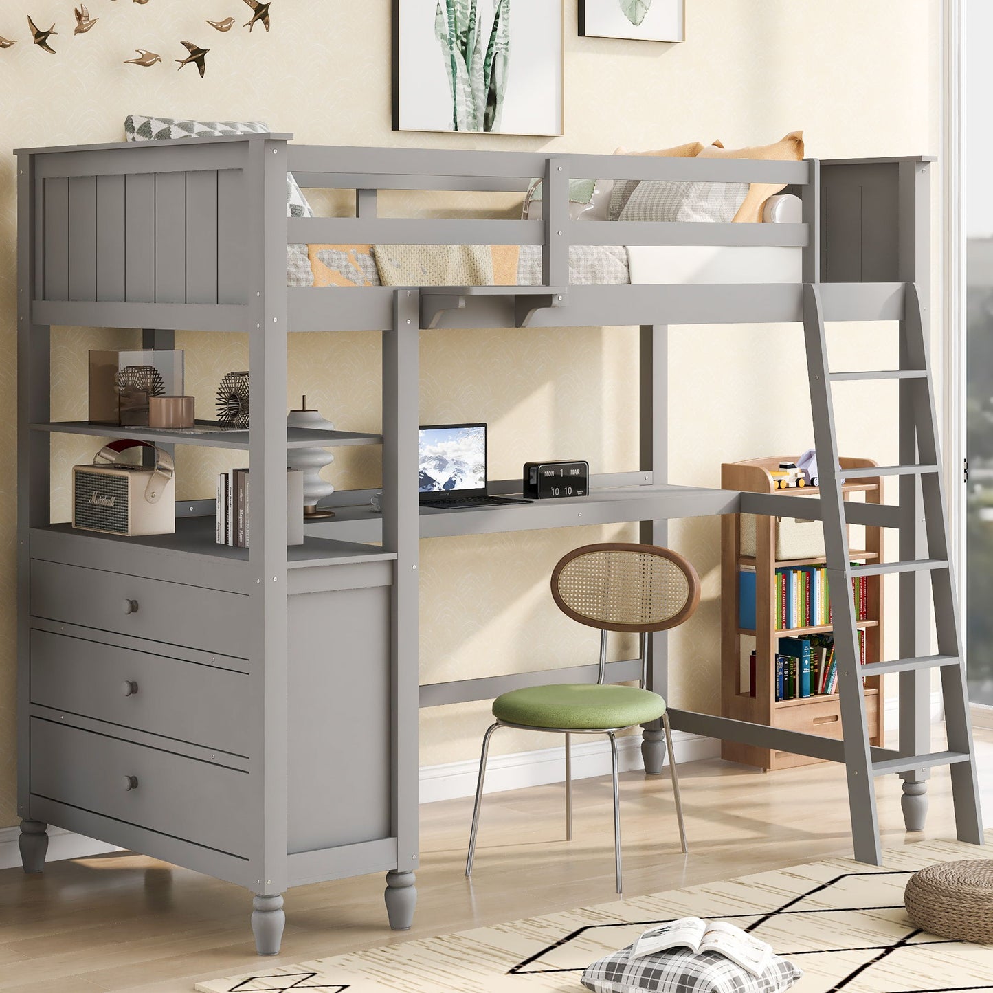 Twin Size Loft Bed With Drawers And Desk, With Shelves - Gray