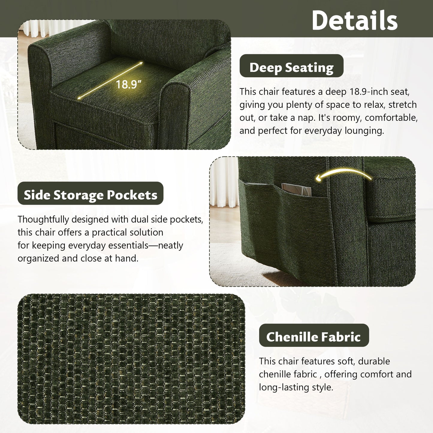 360ÔøΩÔøΩ Swivel Chair Accent Barrel Armchair With Side Pockets, Chenille Upholstery, Compact Size - Green