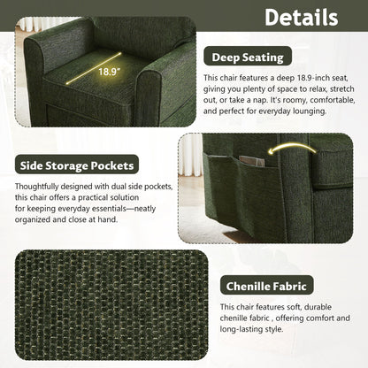 360ÔøΩÔøΩ Swivel Chair Accent Barrel Armchair With Side Pockets, Chenille Upholstery, Compact Size - Green
