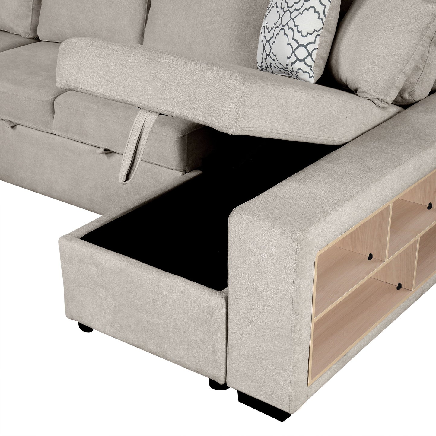 U-Shaped Sectional Sofa Pull-Out Sofa Bed With Two USB Ports, A Storage Chaise Lounge And Four Back Pillows For Living Room - Beige