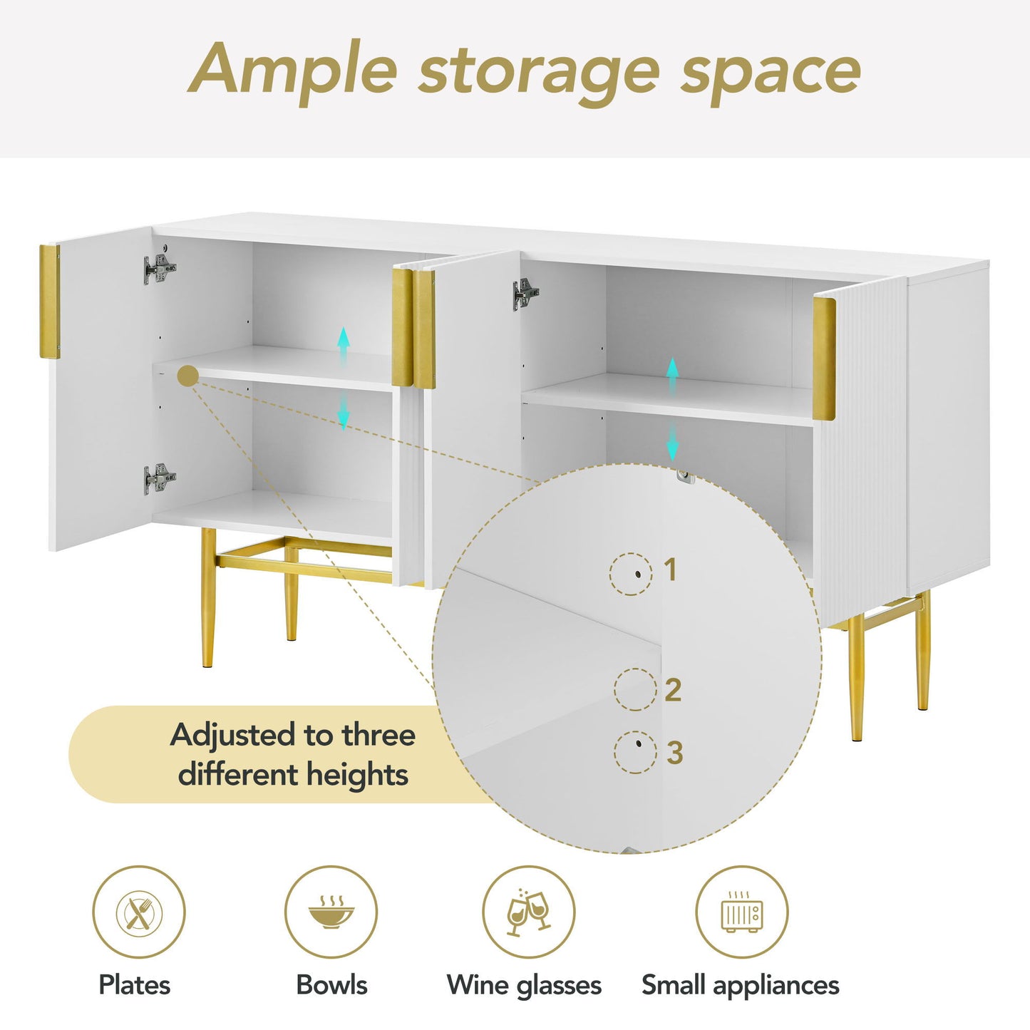 Modern Elegant 4 Door Sideboard Gold Metal Handle Buffet Cabinet For Dining Room, Living Room, Bedroom, Hallway - White