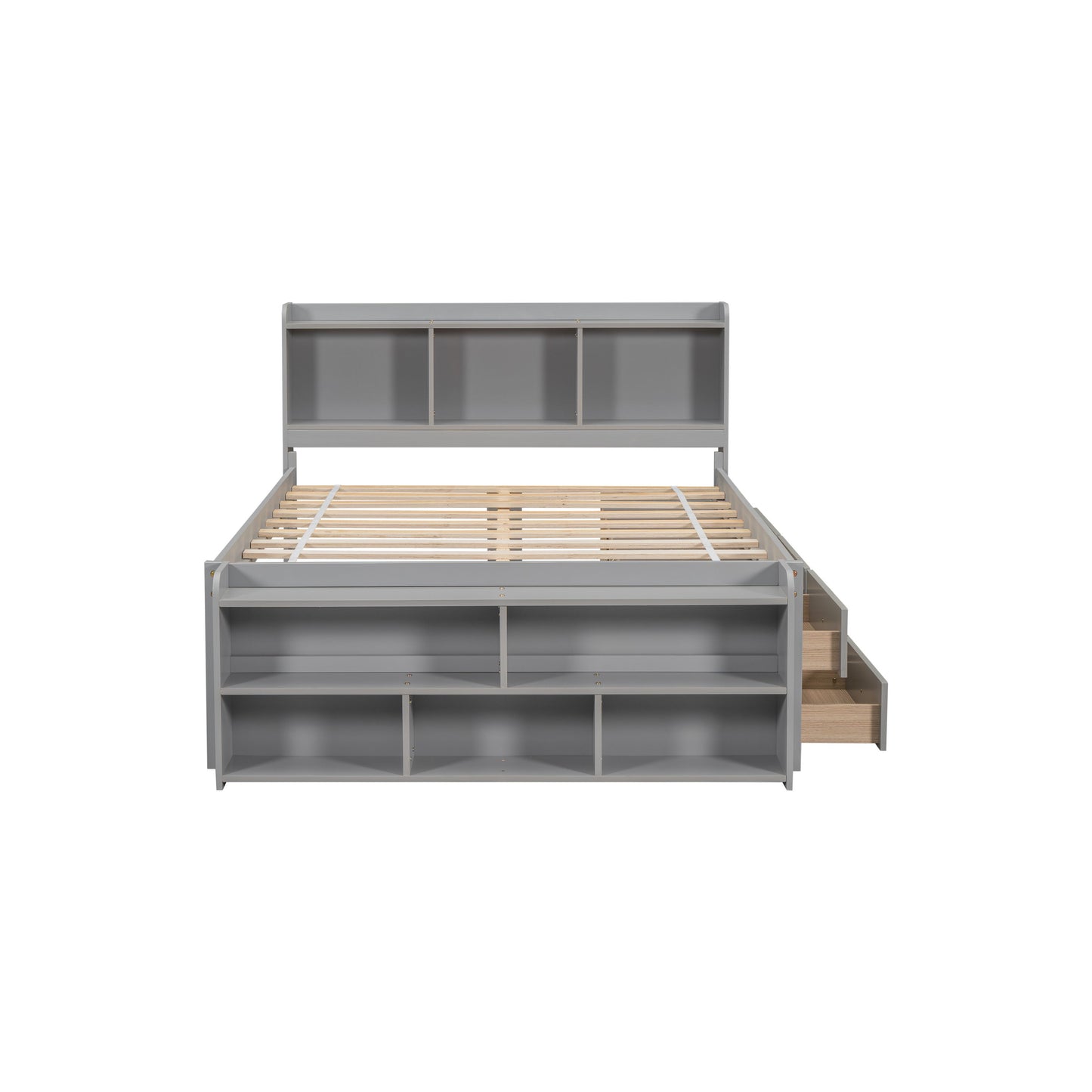 Full Bed With Bookcase Headboard, Under Bed Storage Drawers And Bed End Storage Case - Gray
