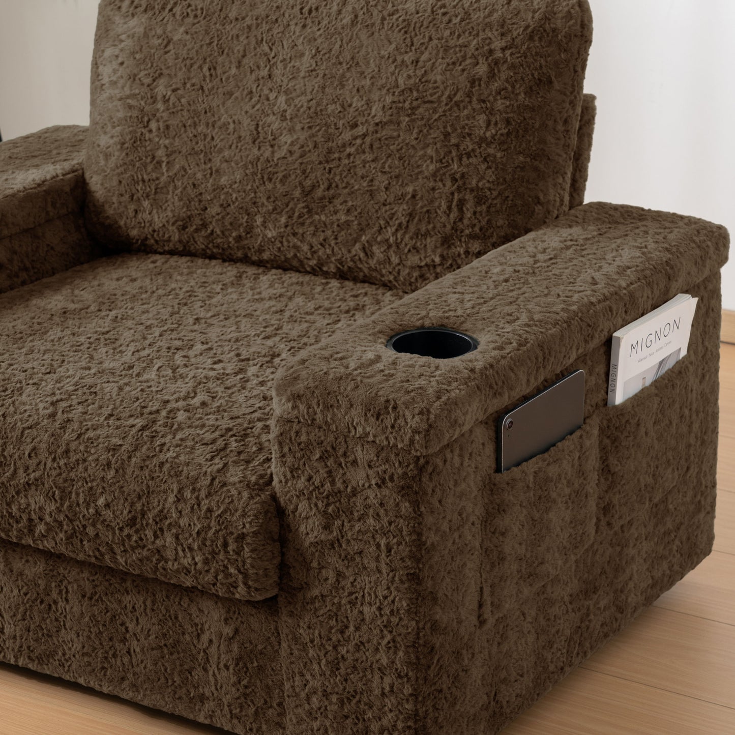 Oversized Chaise Lounge Indoor Rabbit Fur Sofa Bed With Storage Ottoman And Armrests Cup Holders With Deep Seat - Brown