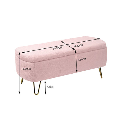 Storage Ottoman Bench For End Of Bed Gold Legs, Modern Gray Faux Fur Entryway Bench Upholstered Padded With Storage For Living Room Bedroom - Pink
