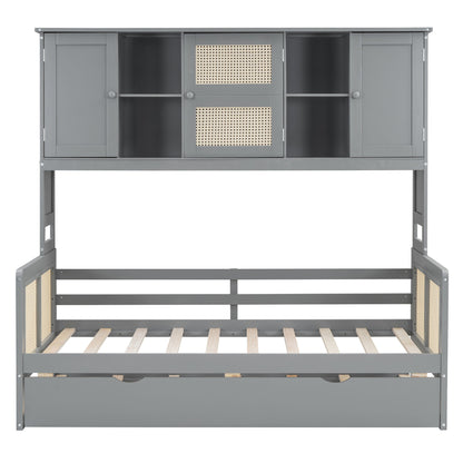 Twin Size Wooden Daybed With Twin Size Trundle, And All In One Cabinet And Shelf - Gray