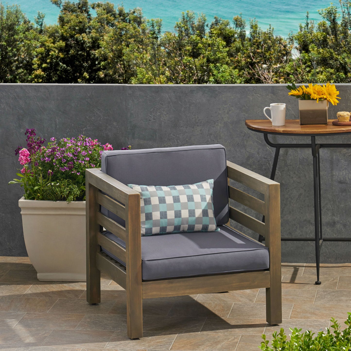 Outdoor Club Chair, Acacia Wood Patio Chair With Fabric Cushion For Backyard, Poolside, Garden Or Porch - Gray