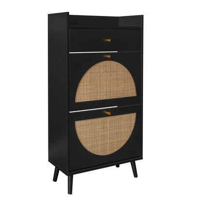 Allen - Rattan 2 Door 1 Drawer Cabinet Shoe Rack For Entrance, Double Layer - Black