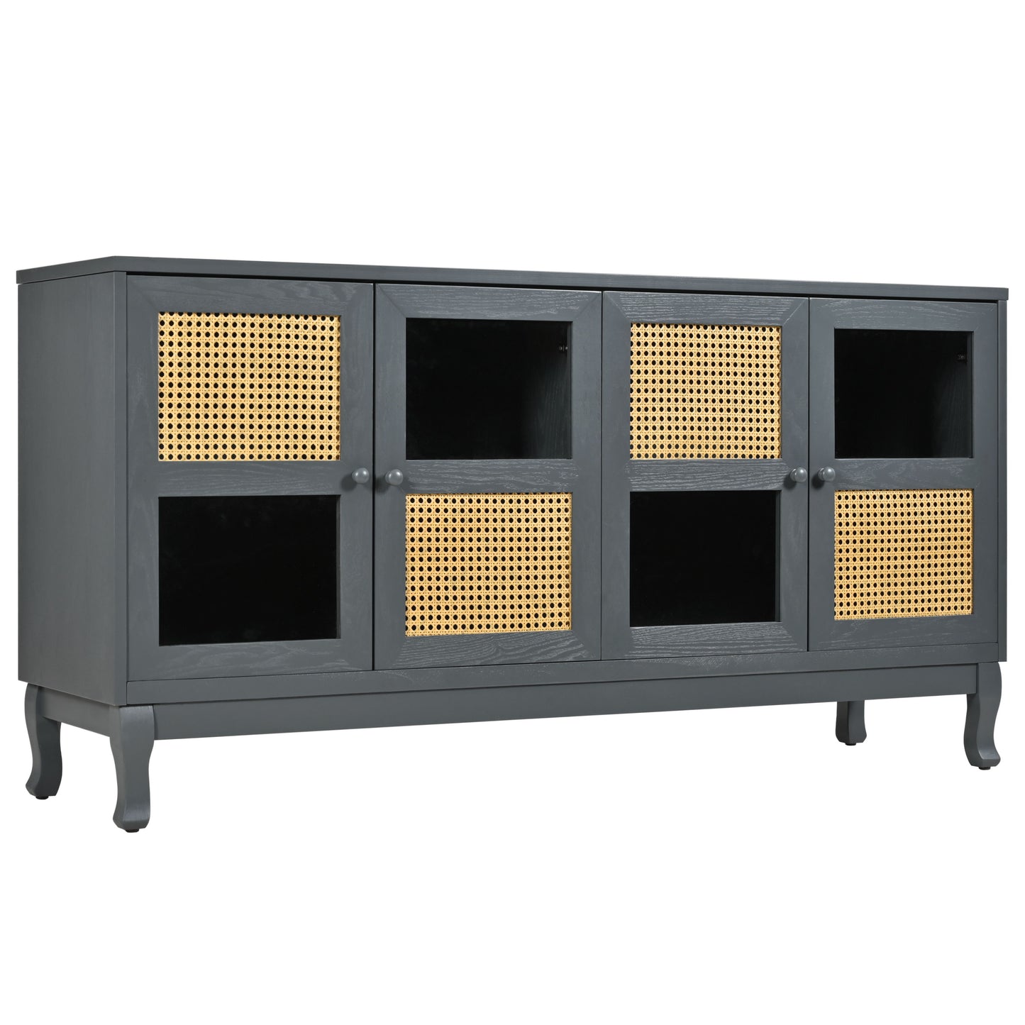Retro Industrial Gray 4 Door Sideboard With Large Storage, Rattan And Glass Doors - Antique Dark Gray / Rattan