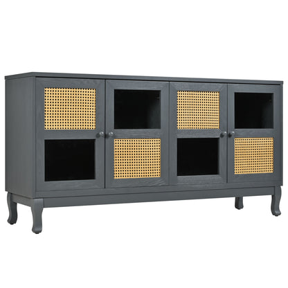 Retro Industrial Gray 4 Door Sideboard With Large Storage, Rattan And Glass Doors - Antique Dark Gray / Rattan