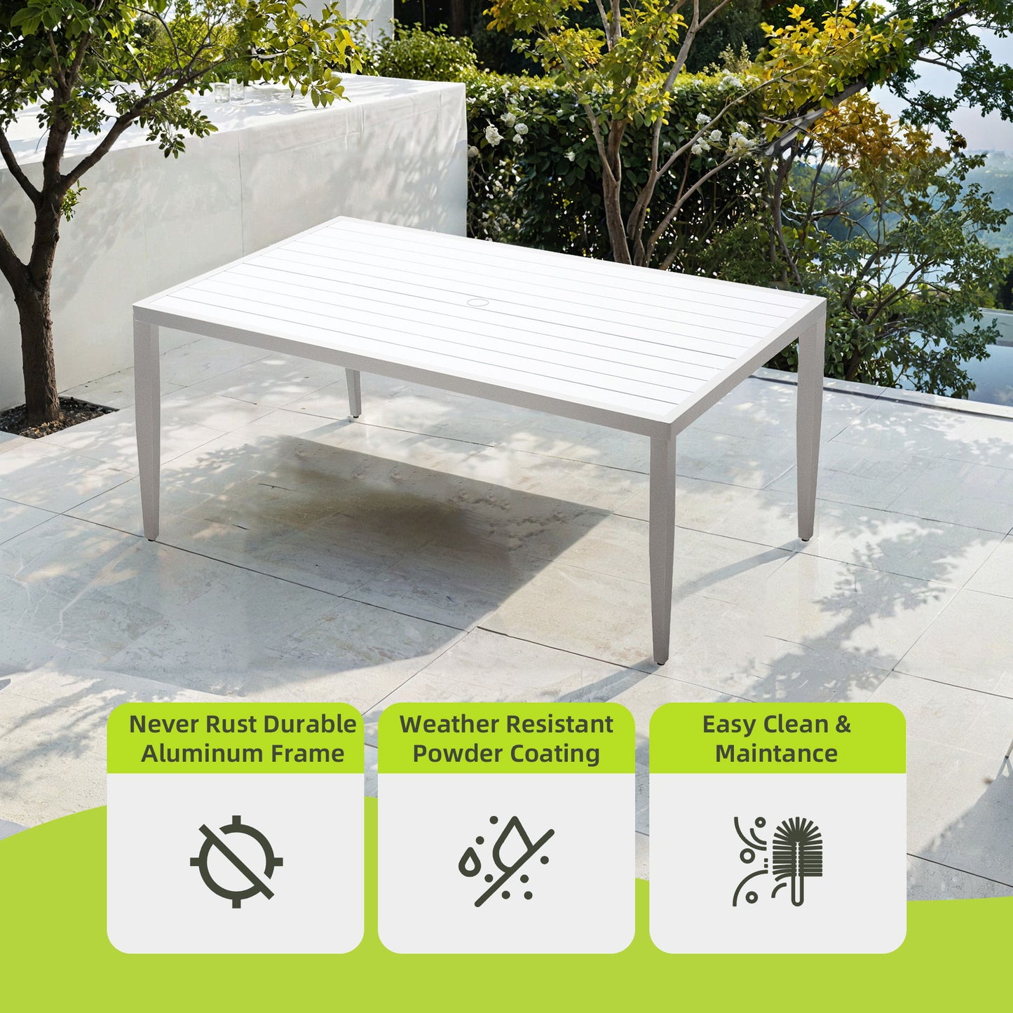 Outdoor Patio 2 Tone Table Top Rectangle Dining Table With Tapered Feet & Umbrella Hole - Matte White / Grayish