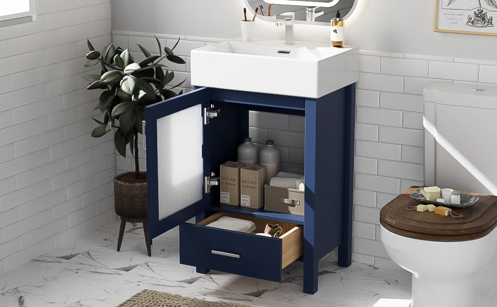 Bathroom Vanity With Ceramic Sink And Ample Storage, Ideal For Small Bathrooms - Blue