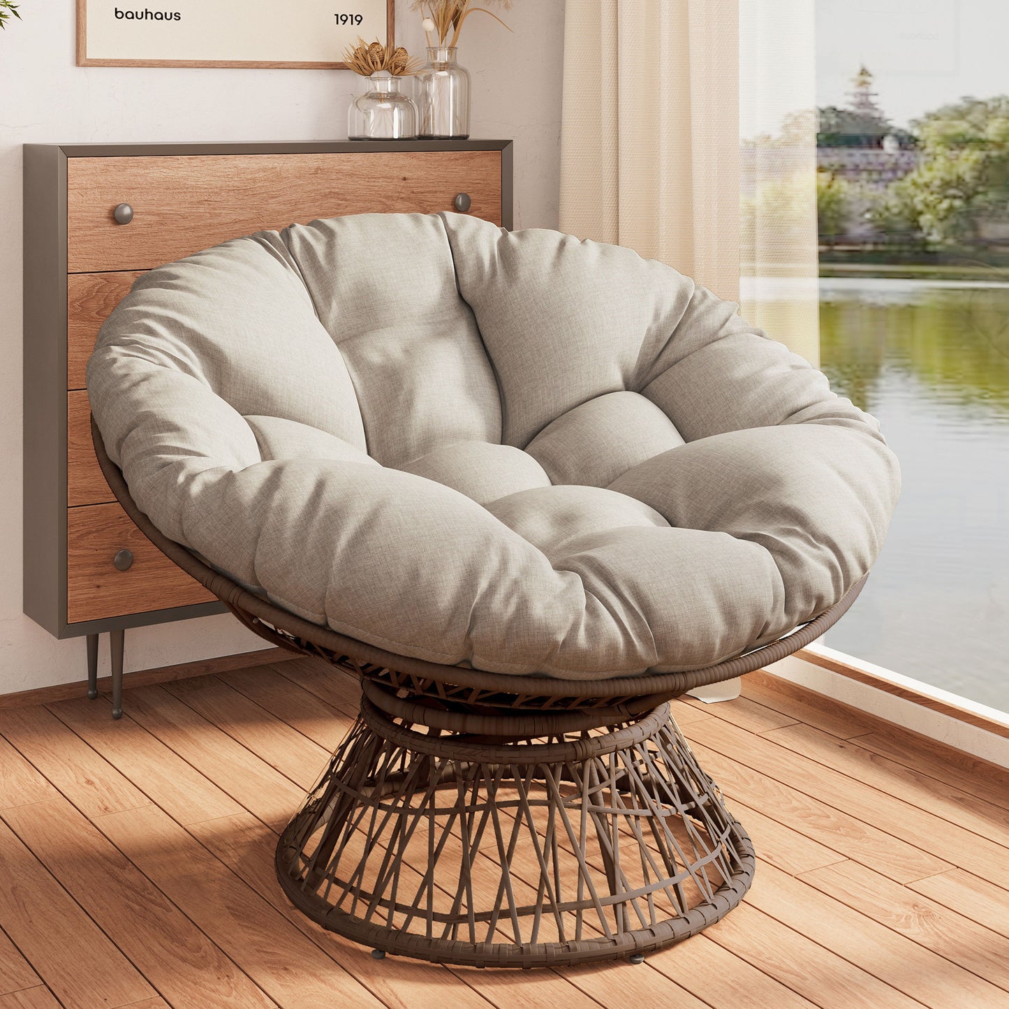 Ergonomic Wicker Chair With Cloud Thick Density Cushion, 3 Proof Cover High Capacity Iron Frame Fluid 360ÔøΩÔøΩÔøΩÔøΩÔøΩÔøΩÔøΩÔøΩÔøΩÔøΩÔøΩÔøΩÔøΩÔøΩÔøΩ Swivel - Beige / Brown