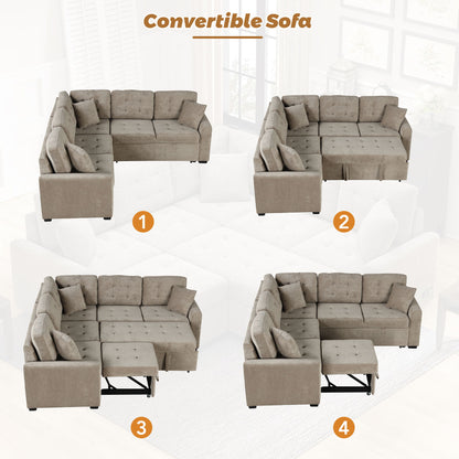 L-Shape Sofa Bed Pull-Out Sleeper Sofa With Wheels, USB Ports, Power Sockets For Living Room - Khaki
