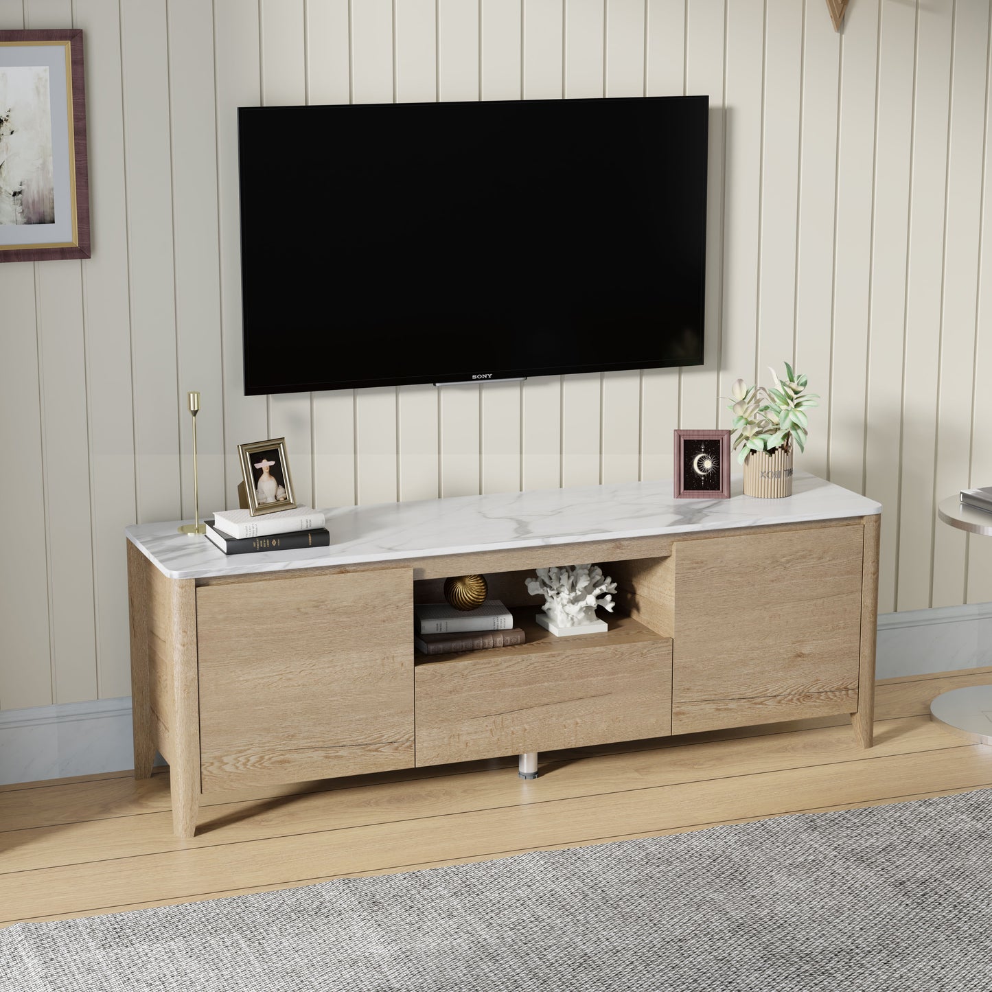 Modern TV Stand With LED Lights Entertainment Center TV Cabinet With Storage For Up To 80" For Gaming Living Room Bedroom - Natural Wood Wash