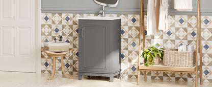 Modern Small Bathroom Vanity Cabinet With Ceramic Basin, Ample Storage, 1 Soft-Close Door - Gray