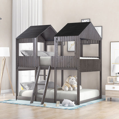 Full Over Full Bunk Bed With Roof, Window, Guardrail, Ladder - Antique Gray