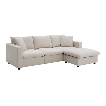 Modern Sectional Sofa With Throw Pillows, Cloud L Shaped Couch Set With Wide 4 Seat Comfy Couch Set With Movable Ottoman - Beige