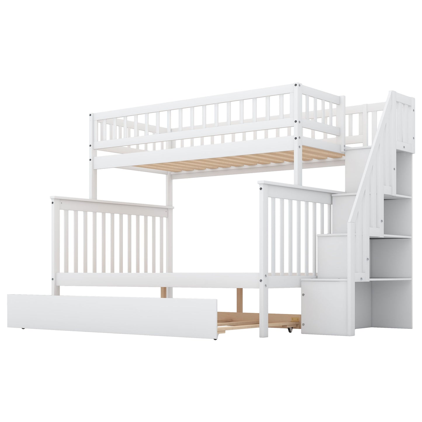 Twin Over Full Bunk Bed With Trundle And Staircase - White