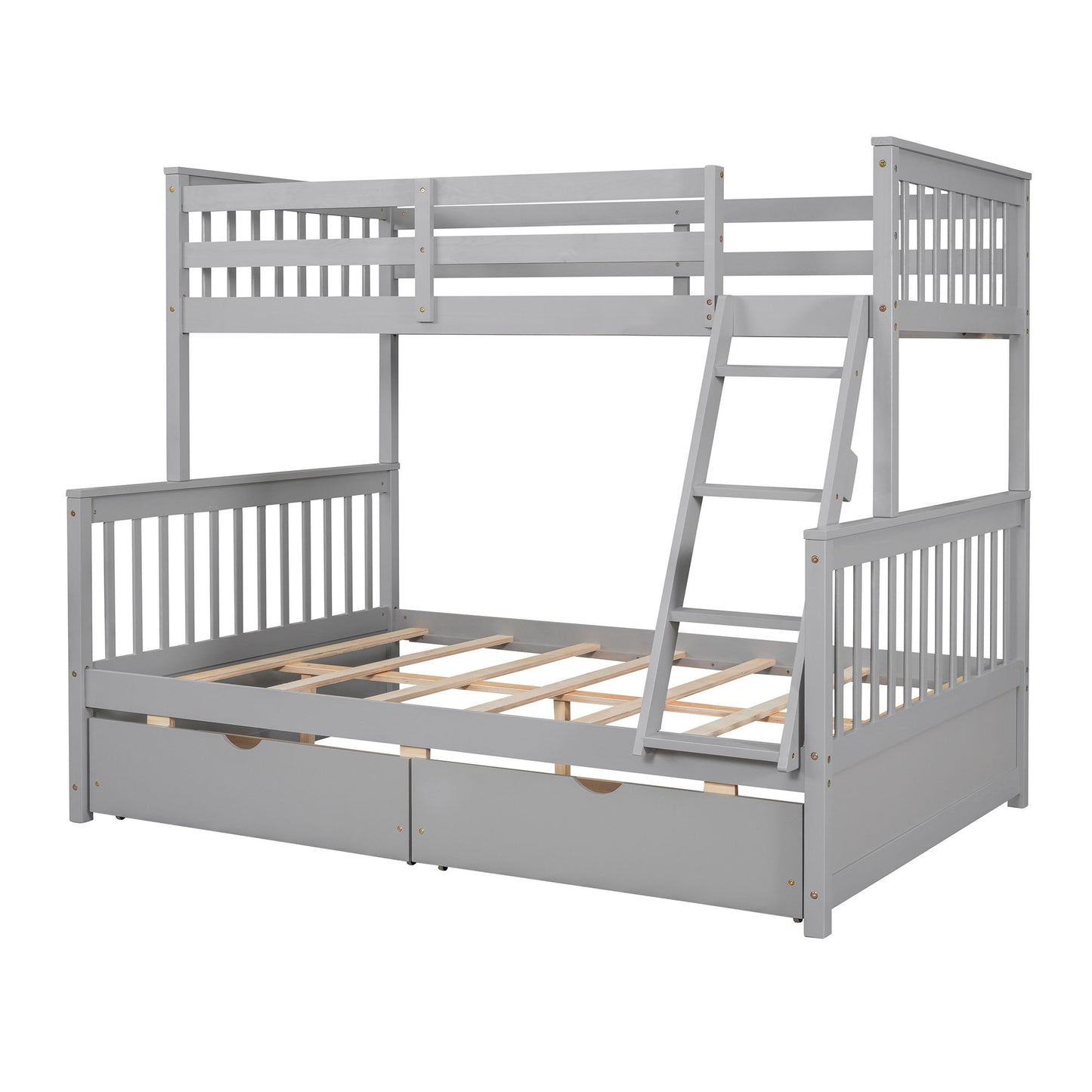 Twin Over Full Bunk Bed With Ladders And Two Storage Drawers - Gray