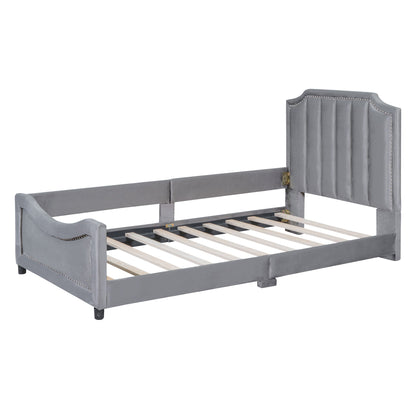 Twin Size Upholstered Daybed With Classic Stripe Shaped Headboard - Gray