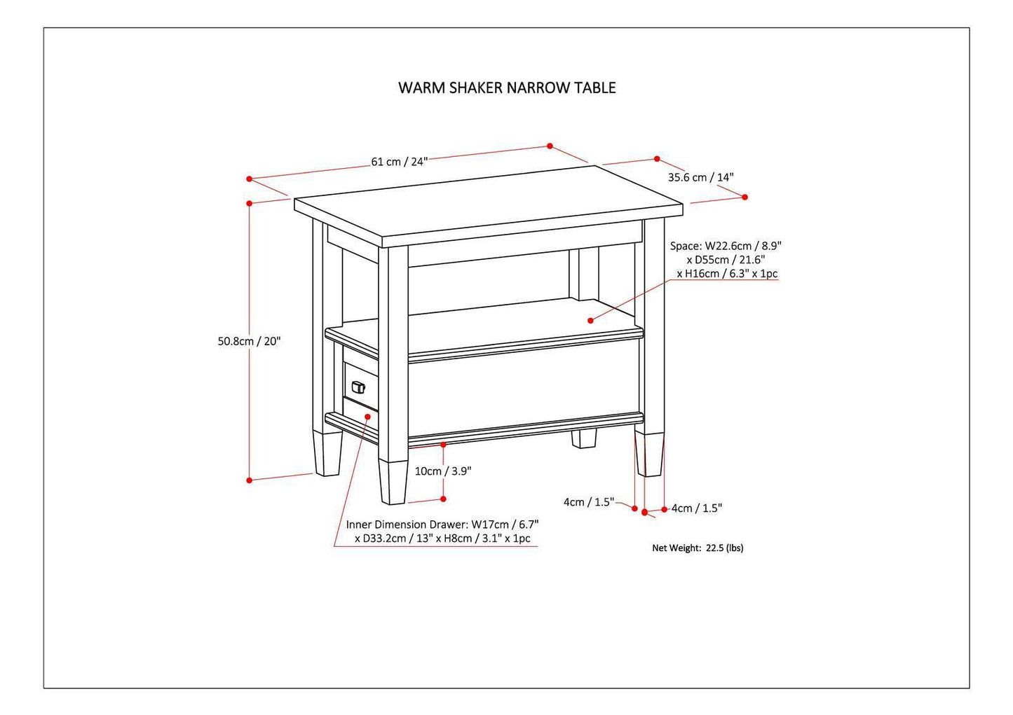 Warm Shaker - Narrow Side Table - Distressed Charcoal Brown
