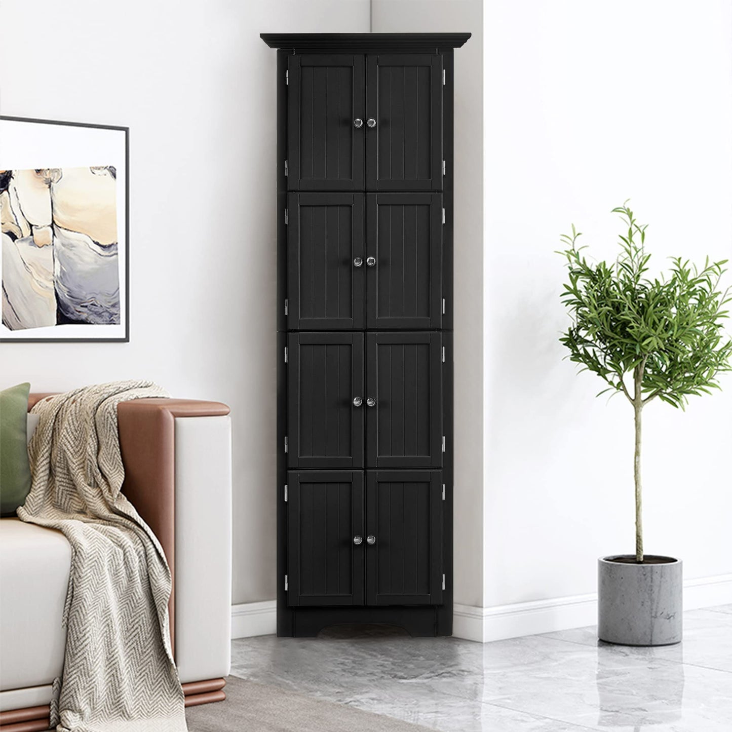 Tall Storage Cabinet With Doors And 4 Shelves For Living Room, Kitchen, Office, Bedroom, Bathroom, Modern - Black