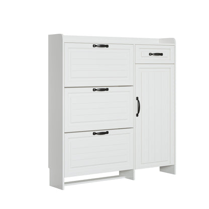 Shoe Cabinet With 4 Doors 1 Drawers, PVC Door With Shape, Large Space For Storage - White