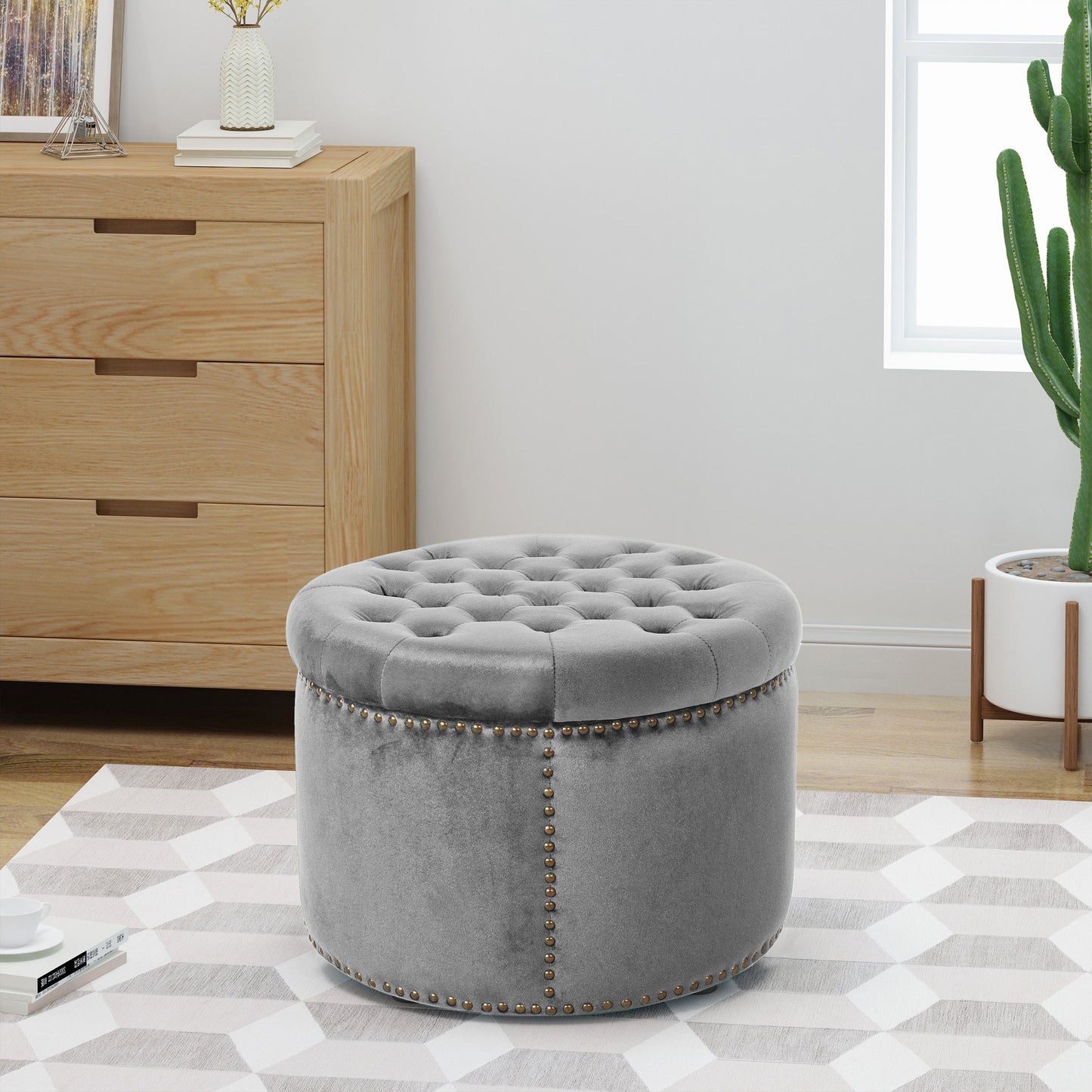 Elegant Round Ottoman Footstool With Velvet Upholstery And Studded Rim - Gray