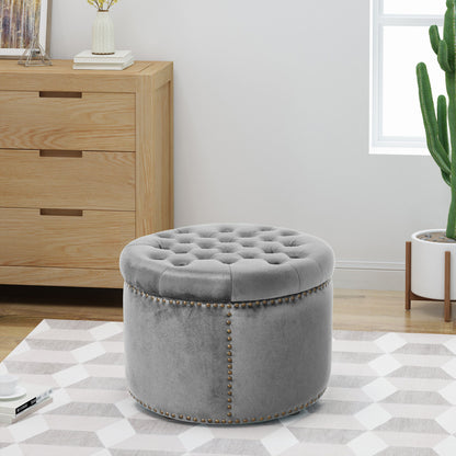 Elegant Round Ottoman Footstool With Velvet Upholstery And Studded Rim - Gray