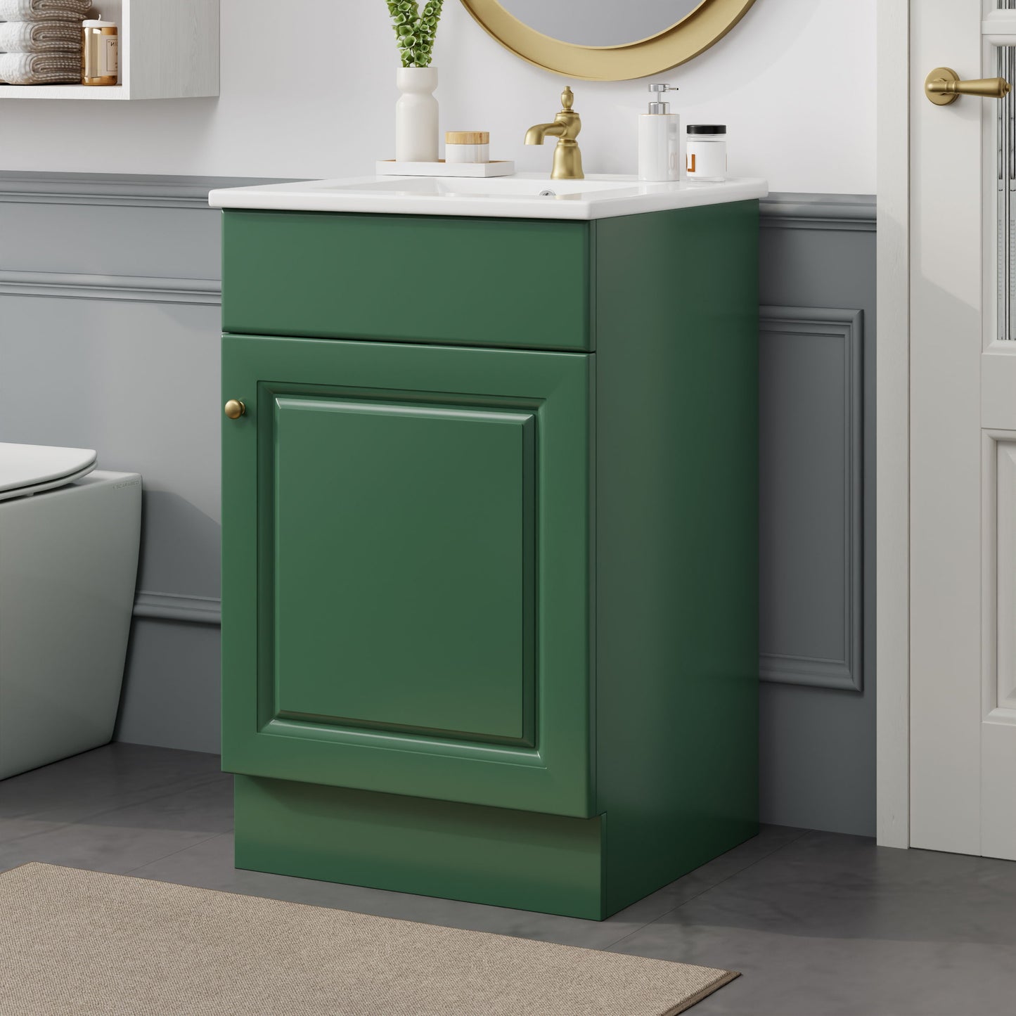 20" Bathroom Vanity With Sink, Freestanding Cabinet With Door Shelf And Adjustable Shelf, And Ceramic Construction - Green