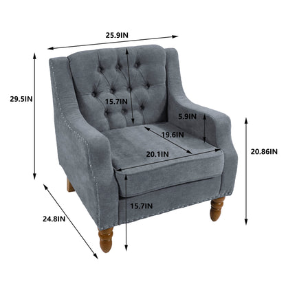 Accent Chair, Living Room Chair, Footrest Chair Set With Vintage Brass Studs, Button Tufted Upholstered Armchair For Living Room, Comfy Reading Chair For Bedroom, Reception Room - Gray