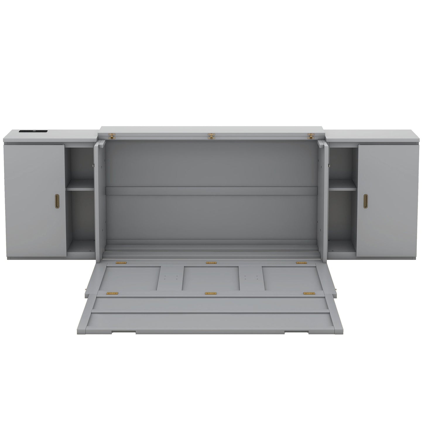 Queen Size Murphy Bed With Shelves, Cabinets And USB Ports - Gray