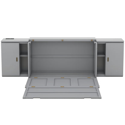 Queen Size Murphy Bed With Shelves, Cabinets And USB Ports - Gray