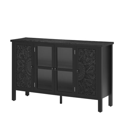 Retro TV Stand For TVs Up To 43", Entertainment Center Media Console Cabinet With 3 Spacious Cabinets, Glass Cabinet Doors And Anti-Tip Device For Living Room - Black