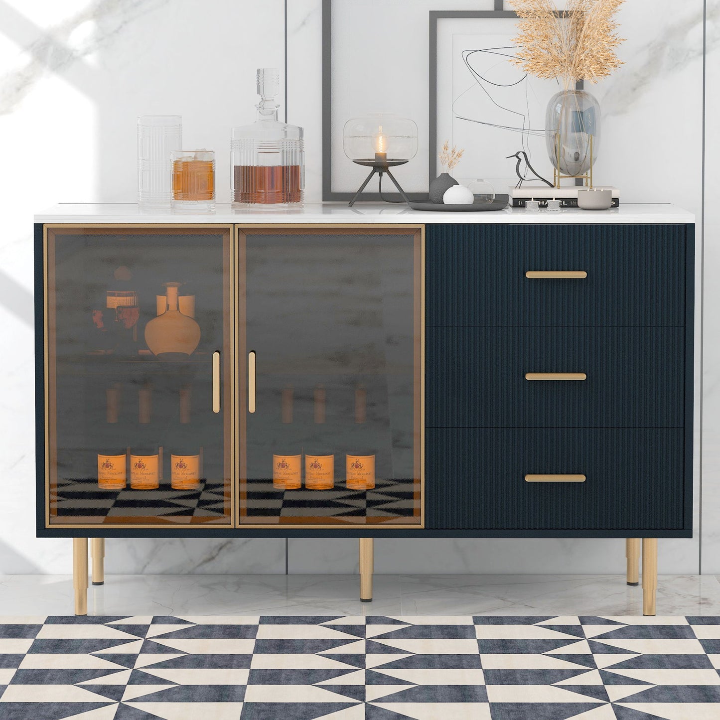 Modern Sideboard Buffet Cabinet Marble Sticker Tabletop And Amber-Yellow Tempered Glass Doors With Gold Metal Legs & Handles - Navy Blue