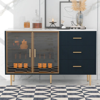 Modern Sideboard Buffet Cabinet Marble Sticker Tabletop And Amber-Yellow Tempered Glass Doors With Gold Metal Legs & Handles - Navy Blue